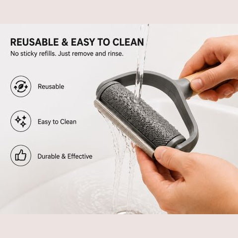 Reusable pet hair remover being rinsed clean