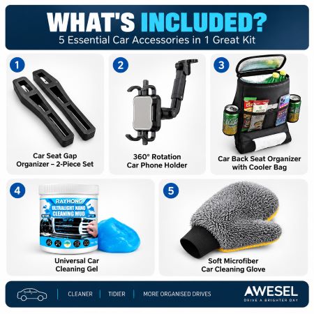 AWESEL Car Essentials Kit showing five included car accessories