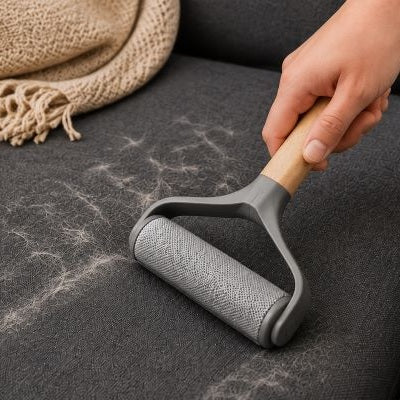 Pet hair remover cleaning fur from a dark sofa