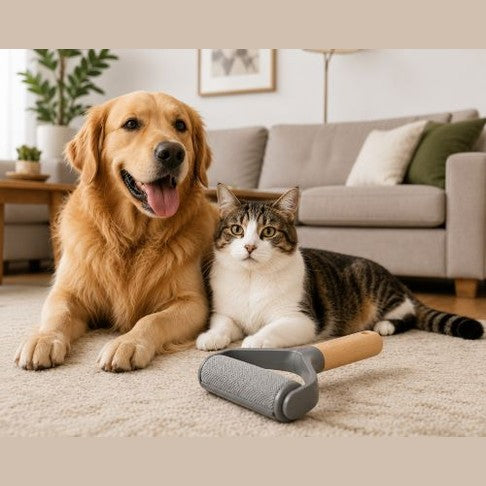 Pet hair remover with dog and cat in a modern home